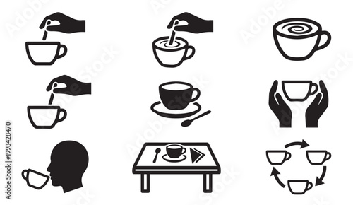 Black and white icons depicting various coffee cup handling and consumption