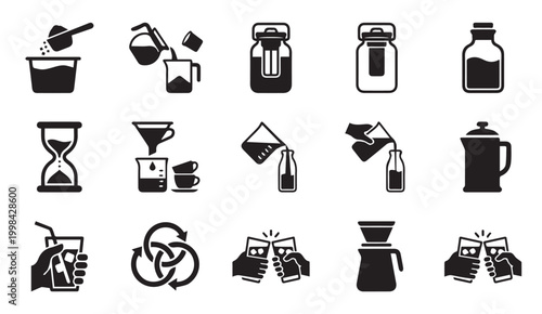 Comprehensive set of icons for beverage preparation serving consumption
