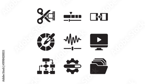 Digital editing and media production workflow icons set with production