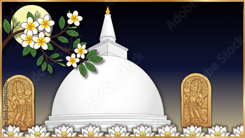 Serene vector illustration of a white Buddhist stupa at night with a full moon, lotus flowers, and traditional guardstones for Vesak and Poson Poya festivals