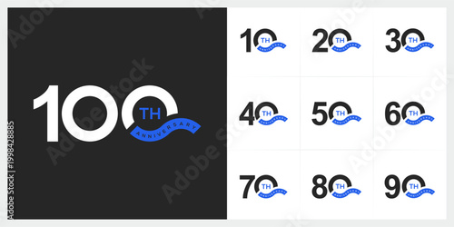 Set of 10 to 100 anniversary celebration logo design, Number text 10 to 100 years bithday party festival holiday logo icon concept
