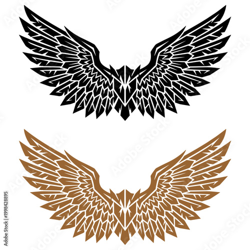 Set of two stylized geometric eagle wings in black and bronze colors perfect for tattoos logos tshirt prints and brand identities high quality vector graphics with sharp edges