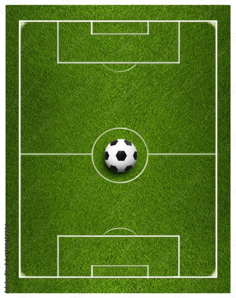 Fototapeta premium Overhead view of a vibrant green soccer field with a classic black and white ball at midfield, symbolizing the upcoming World Cup 2026.
