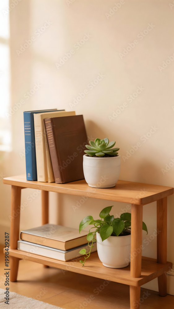 Fototapeta premium Wooden two-tier shelf holding books and green plants in a cozy indoor setting