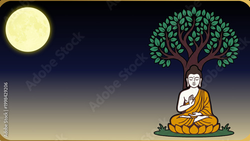 Lord Buddha meditating under Bodhi tree with full moon on night sky background for Vesak