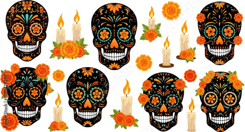 Decorative Dia de los Muertos Sugar Skull Collection with Floral Patterns Marigold Flowers and Candles