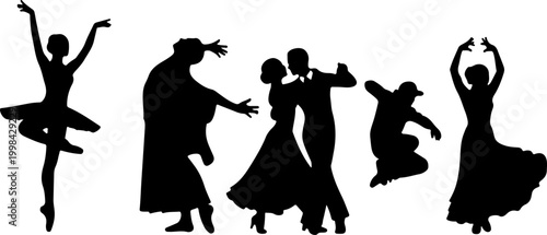 Black Silhouette Dance Styles Collection Including Ballet Tango Ballroom Hip Hop Contemporary and Flamenco Dancers