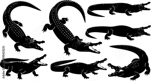 Black Silhouette Crocodile and Alligator Collection in Various Poses with Open Jaw and Detailed Scales