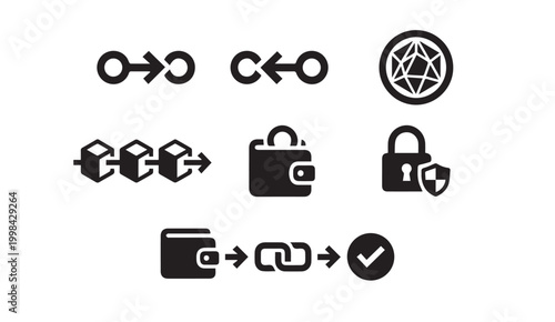 Black and white icons for blockchain cryptocurrency digital security