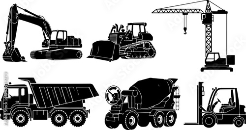Black Silhouette Heavy Construction Machinery Set Including Excavator Bulldozer Tower Crane Dump Truck Cement Mixer and Forklift
