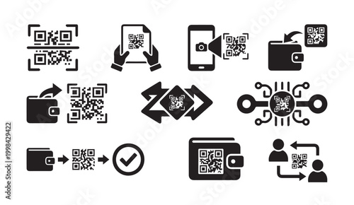 Qr code mobile payment and digital wallet transaction icons with scanning