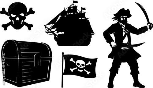 Black Silhouette Pirate Theme Set Including Skull Crossbones Jolly Roger Ship Treasure Chest Flag and Sword