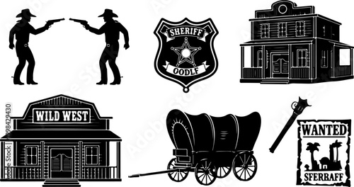 Black Silhouette Wild West Collection Including Cowboy Duel Sheriff Badge Saloon Covered Wagon and Wanted Poster