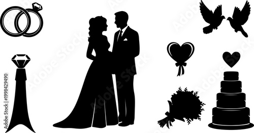 Black Silhouette Wedding Collection Set Including Bride and Groom Couple Wedding Cake Rings Bouquet Doves Diamond Ring and Heart Balloon