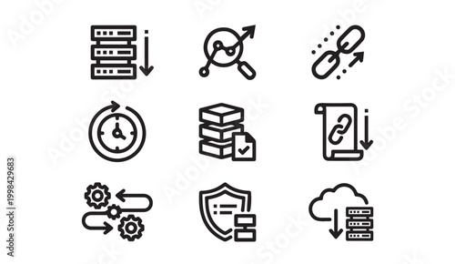 Data management and cloud storage icons set with server security analytics