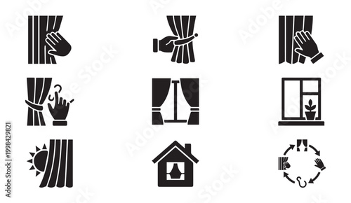 Collection of curtains and window control icons for home and privacy management