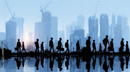 Group of professionals celebrating Labour Day with modern city skyline background, teamwork and unity concept in urban workplace environment
