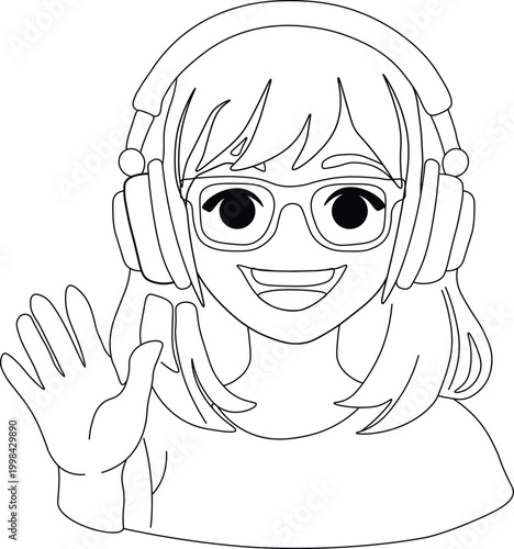 Girl with Headphones Waving Line Art Vector Illustration
