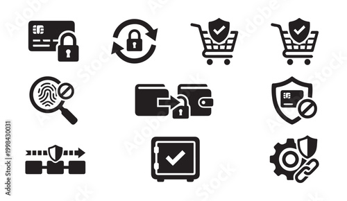 Financial security and e commerce transaction icons set for digital payments