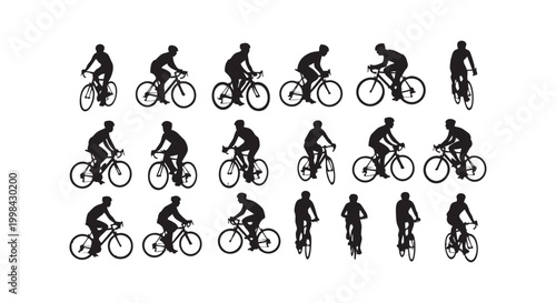 Set of professional cyclists riding bicycles in various poses and angles for sports activity concept isolated white.