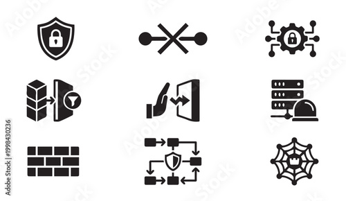 Network security and data protection icons set with firewall server cyber