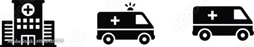Emergency medical services icons hospital ambulance and mobile clinic representation