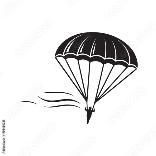 Minimalist black and white vector illustration of a parachutist descending with wind lines isolated on white background