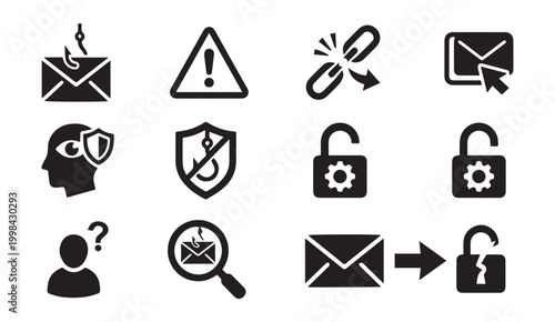 Email security and phishing threat icons set with warning broken link locked