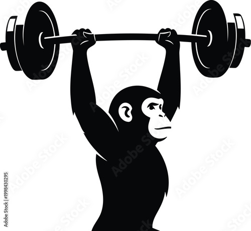 A black and white illustration of a monkey lifting a barbell overhead with determination