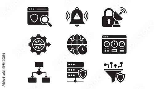 Global network security and data monitoring icons with server alert secure
