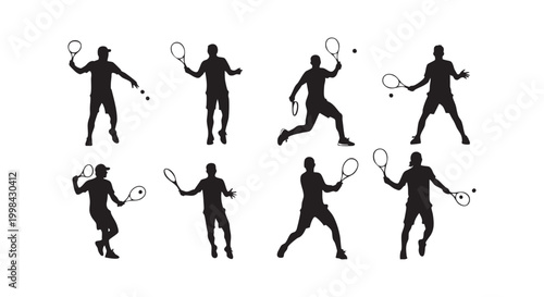 Set of tennis player silhouettes, various poses and actions, dynamic sports scenes captured in isolated vector.