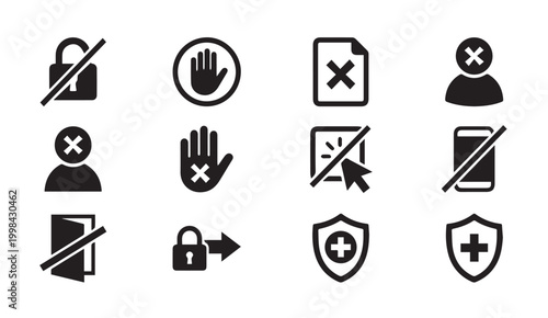 Set of black and white icons representing denial restriction prohibition