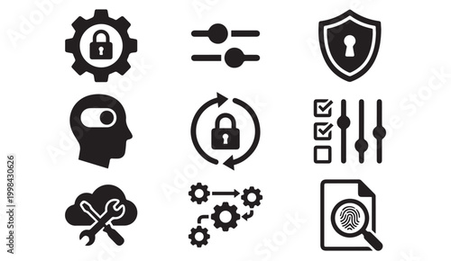 Settings security control icons with gear sliders shield mental process