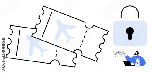 Travel safety, online booking, cybersecurity, secure transactions, identity protection, fraud prevention. Two airplane tickets, a padlock and a person using a laptop. Travel safety and online