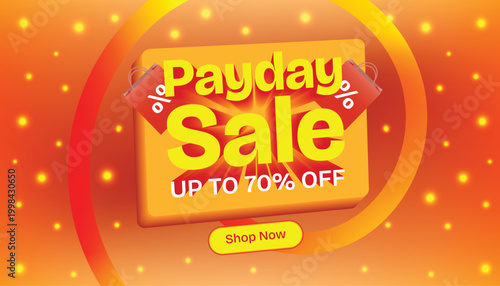 Payday Sale banner with bold 3D heading and up to 70% off offer on an orange gradient background.