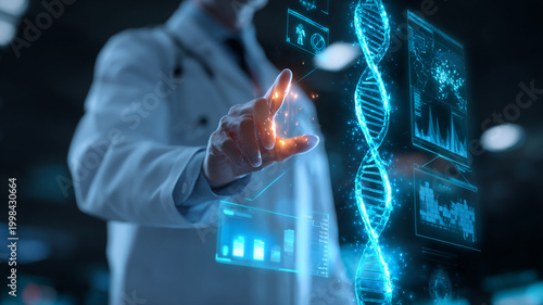 scientist interacting with floating holographic DNA strand and digital data interface, artificial intelligence biotechnology research lab, futuristic science concept