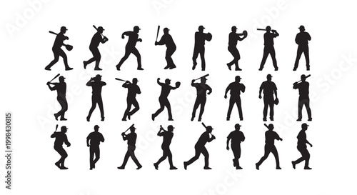 Silhouette baseball players in various batting and pitching poses isolated on white background vector illustration.