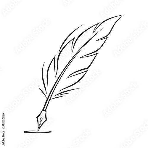 Quill pen with fountain pen nib writing vector illustration isolated on white background