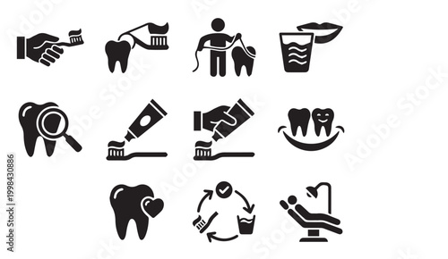 Dental care and oral hygiene glyph icons for stomatology with toothbrush