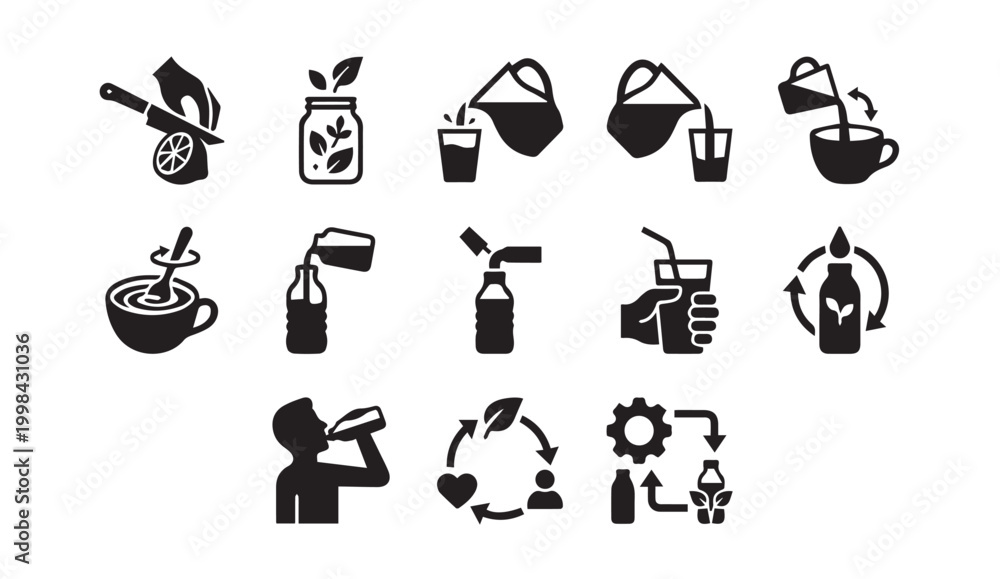 Obraz premium Healthy beverage and herbal tea preparation process icon set with beverage
