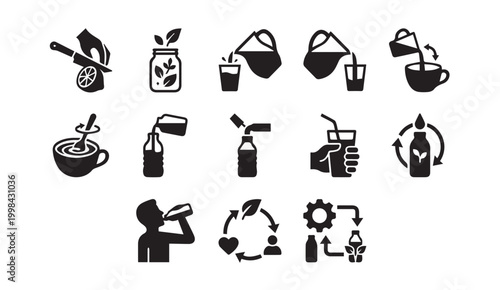 Healthy beverage and herbal tea preparation process icon set with beverage