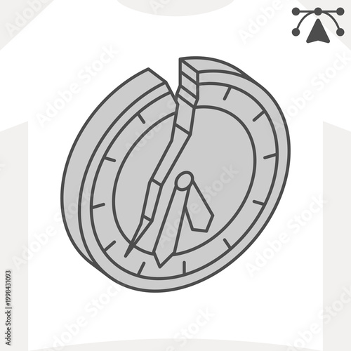 Broken clock isometric icon, time stopped concept. Vector graphics. Stopped time, motionless sign and editable stroke, outline style icon for mobile or web design.