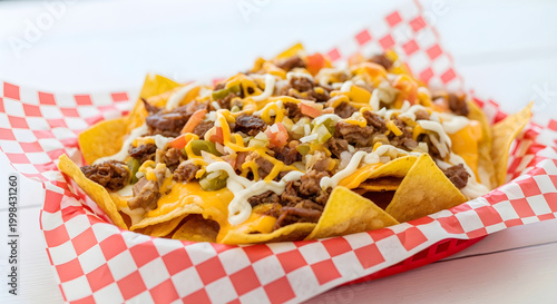 Delicious loaded nachos in red and white checkered paper basket with melted cheese and sour cream in bright natural lighting for menu or advertisement