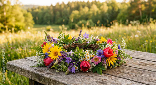 Vibrant Summer Wreath in a Sunlit Meadow