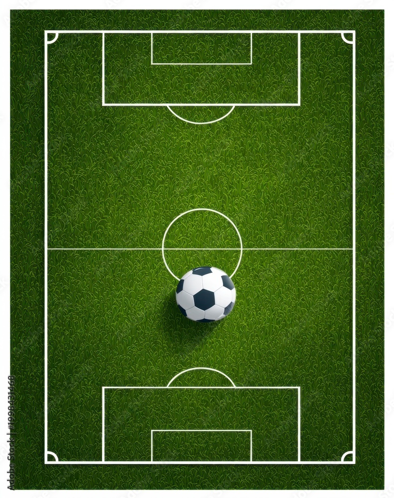 Fototapeta premium Overhead view of a vibrant green soccer field with a classic black and white ball at midfield, symbolizing the upcoming World Cup 2026.