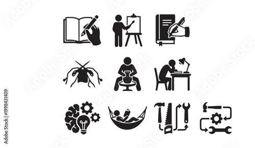 Black icons for creative hobbies crafts writing and manual labor activities