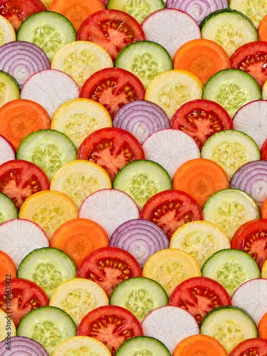 Colorful sliced vegetables overlapping pattern background, top view fresh food texture