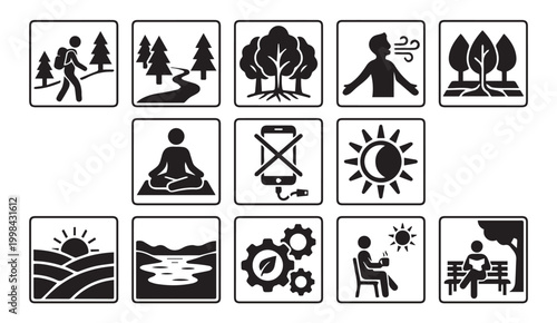 Nature therapy and outdoor wellness activities silhouette icon set with wellness