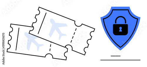 Travel security, online booking safety, digital privacy, ticket verification, identity protection, secure transactions. Two plane tickets next to a shield with lock symbol. Travel security and online