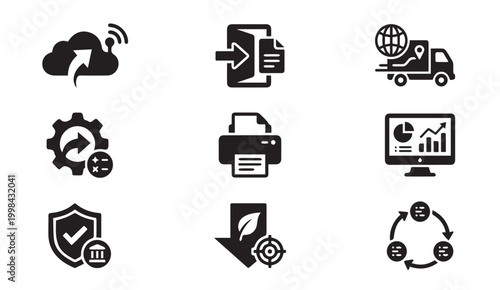 Business technology and logistics icons for data management and sustainability